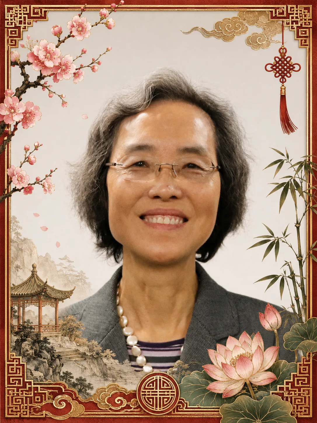 Kwok Pui-Lan, teóloga feminista y poscolonial asiática, en retrato con marco oriental decorativo.