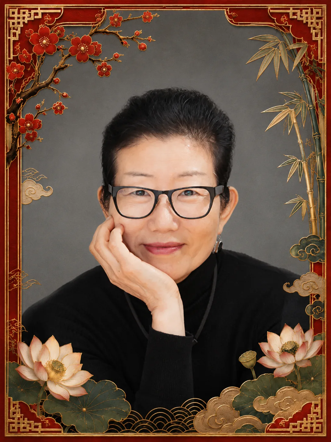 Namsoon Kang, teóloga coreana, en retrato con marco oriental decorativo.