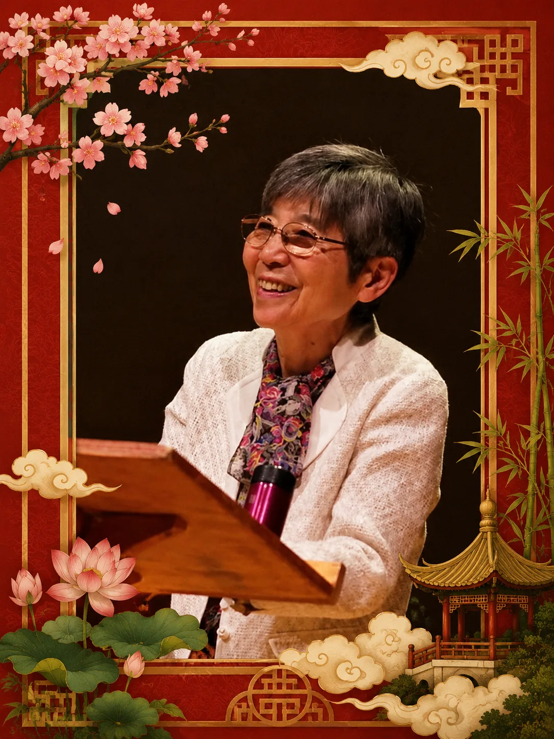 Hisako Kinukawa, teóloga japonesa feminista, en retrato con marco oriental y motivos asiáticos.