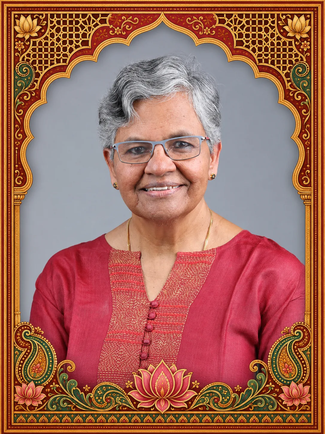 Aruná Gnanadason, teóloga feminista india, en retrato con marco decorativo inspirado en la India.