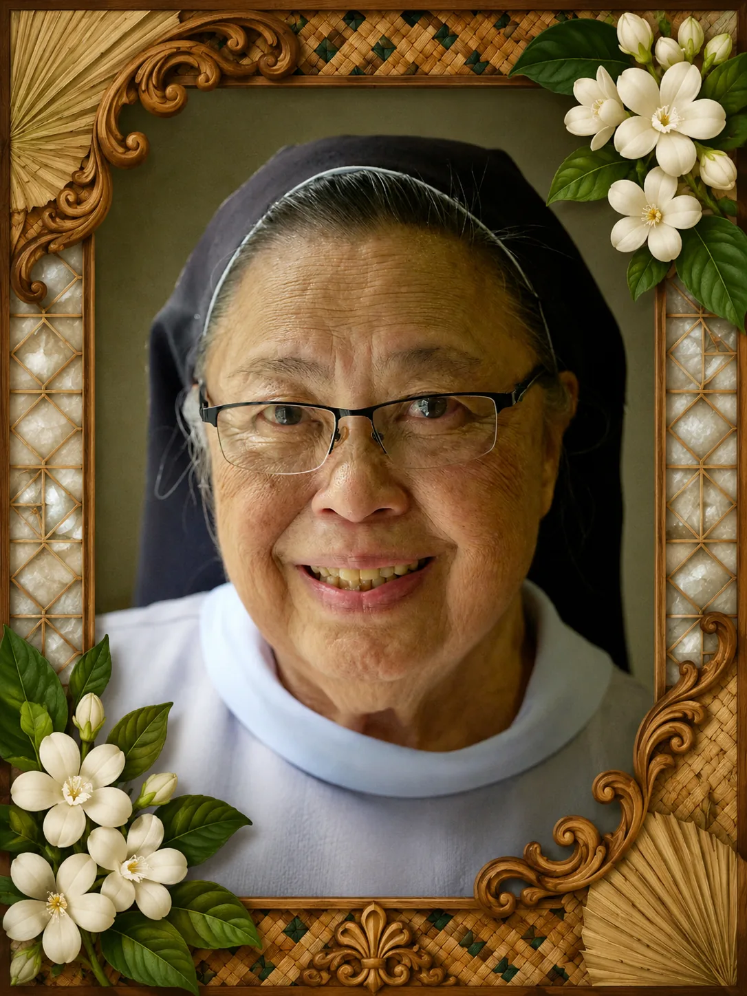 Mary John Mananzan, teóloga y activista filipina, en retrato con marco inspirado en motivos de Filipinas.
