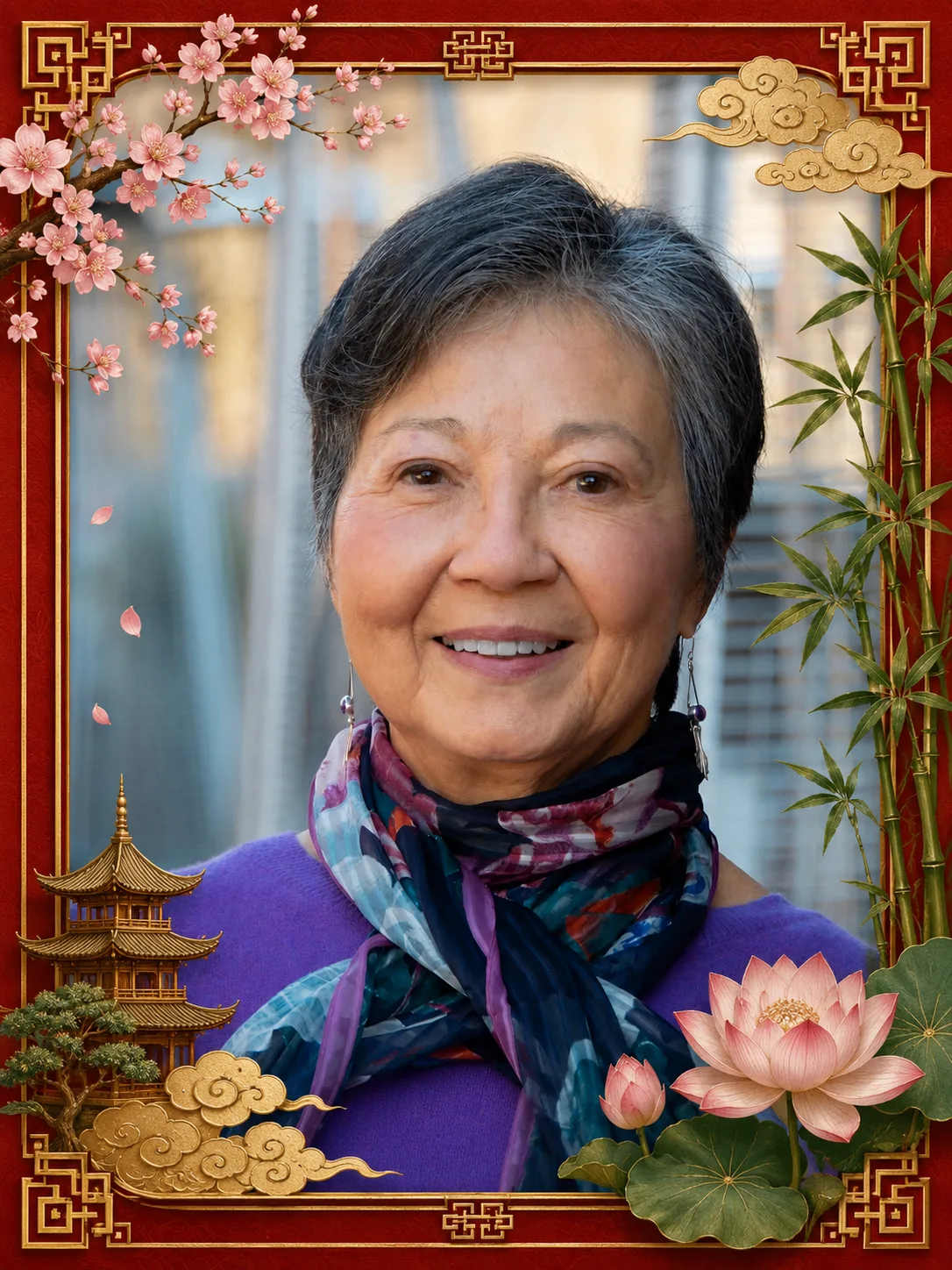 Rita Nakashima Brock, teóloga feminista japonesa-estadounidense, en retrato con marco oriental decorativo.