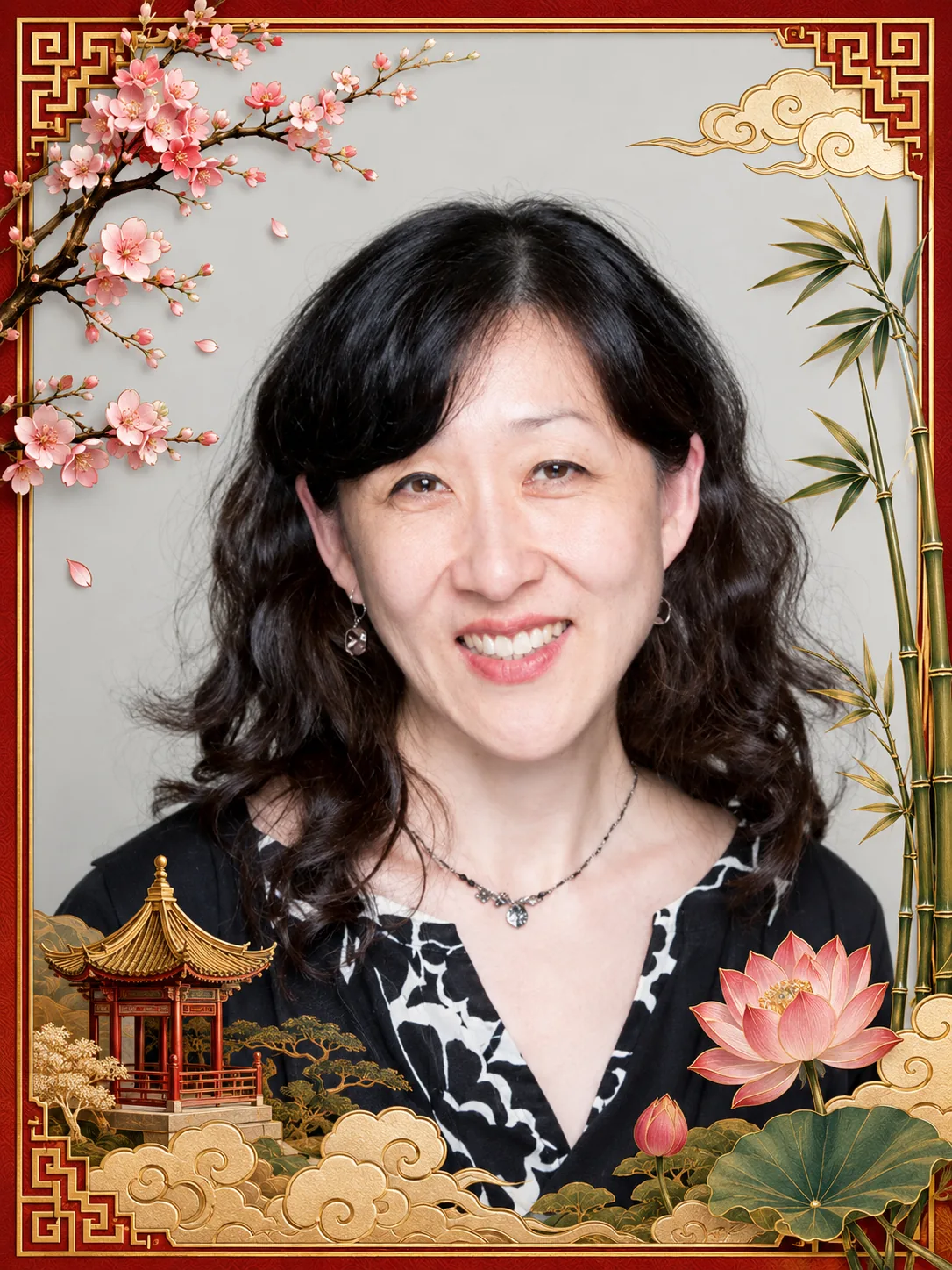 Grace Ji-Sun Kim, teóloga coreana y autora cristiana, en retrato con marco oriental decorativo.
