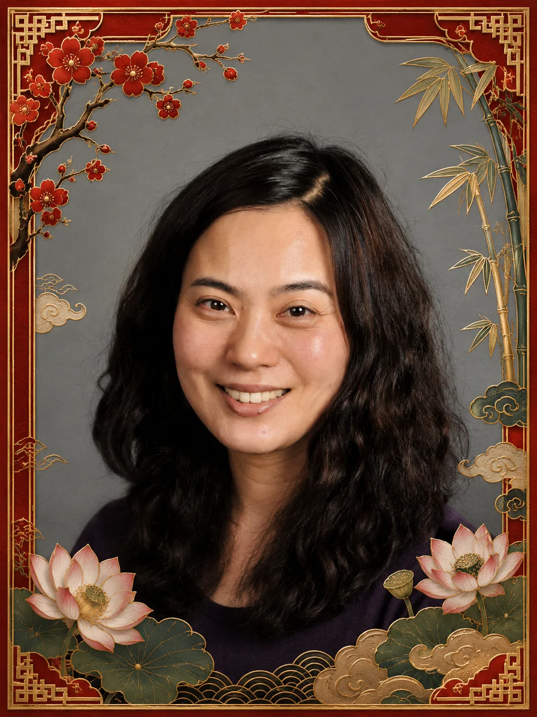 Keun-Joo Christine Pae, teóloga coreana, en retrato con marco oriental decorativo.