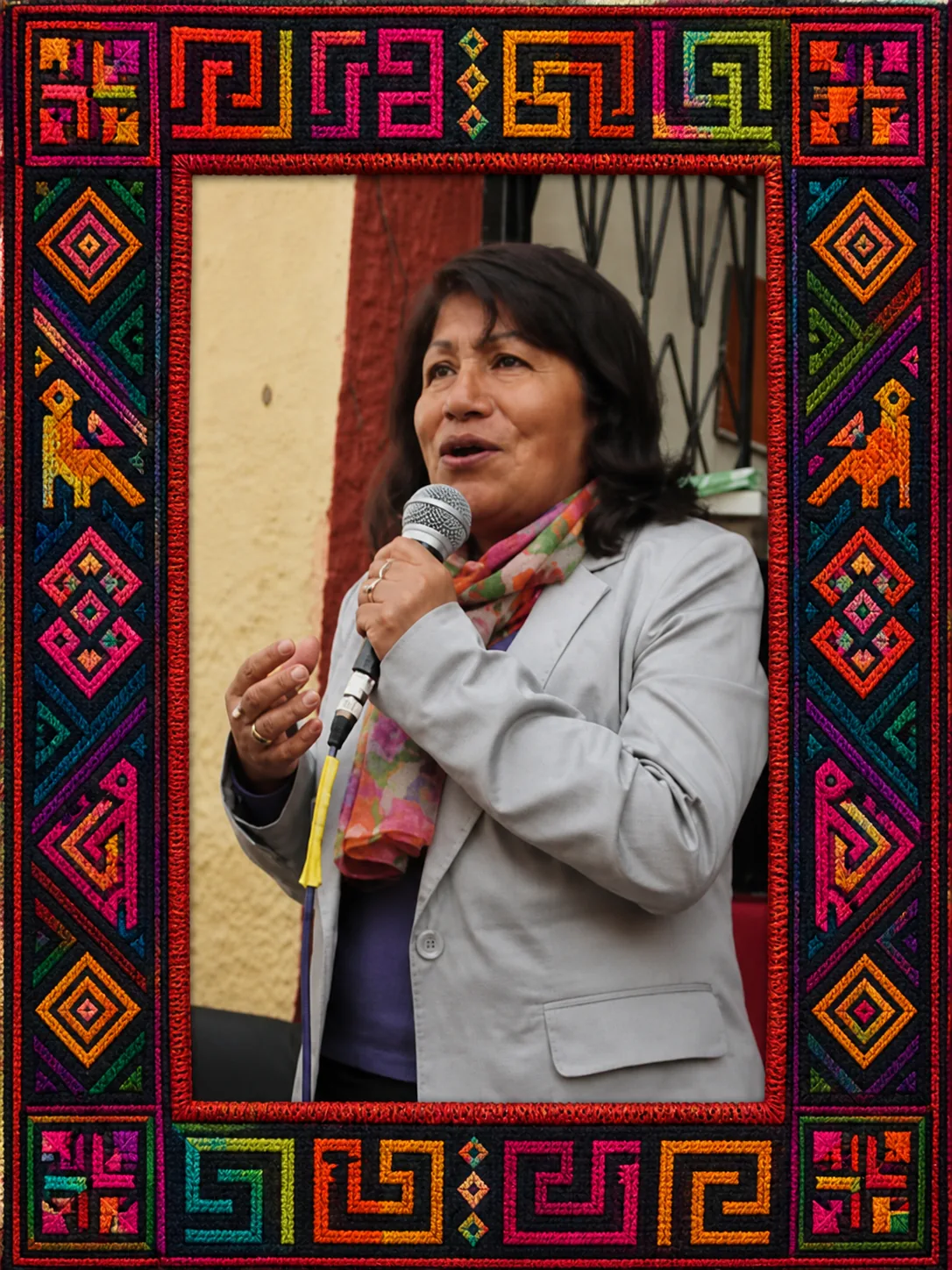 Retrato de Luzmila Quezada enmarcado con tejido estilo guna colorido para artículo sobre mujeres teólogas de Abya Yala