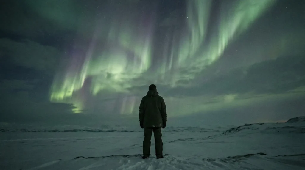Persona de espaldas contemplando una aurora boreal en un paisaje nevado, imagen que evoca la relación entre fe, ciencia y la creación del universo.