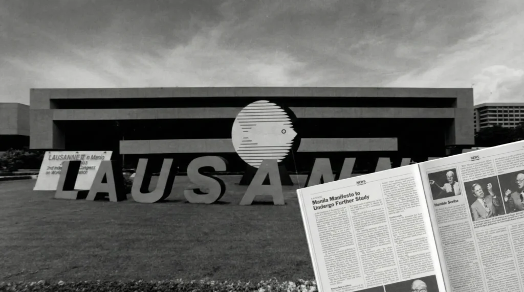 Imagen en blanco y negro del Congreso Lausana II, con el logo de Lausana al frente y una publicación sobre el Manifiesto de Manila, documento clave del Movimiento de Lausana sobre misión y evangelización.