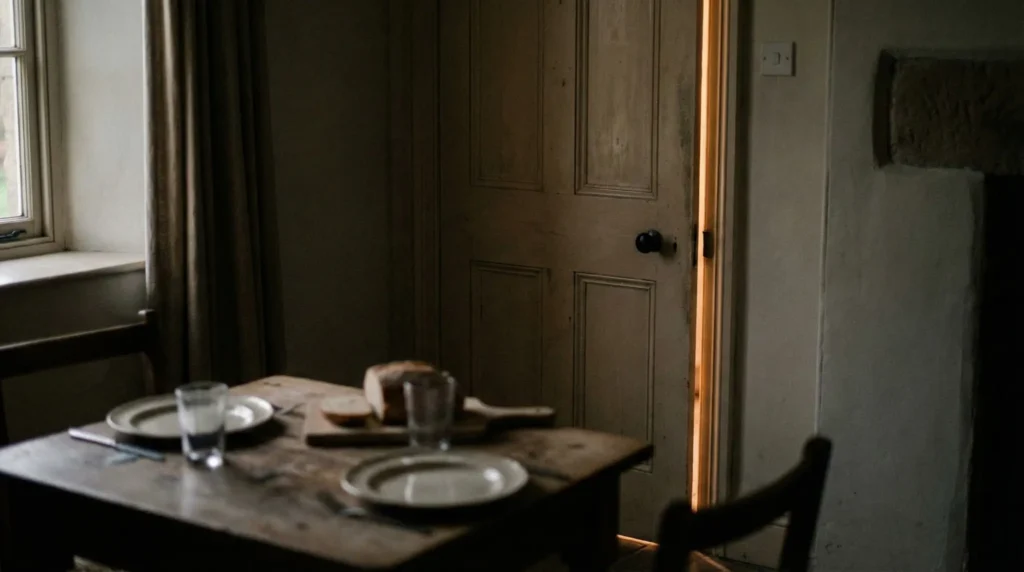 Puerta entreabierta con luz cálida entrando a una habitación sencilla, junto a una mesa puesta para dos, como símbolo de Jesús que llama y espera permiso para entrar.