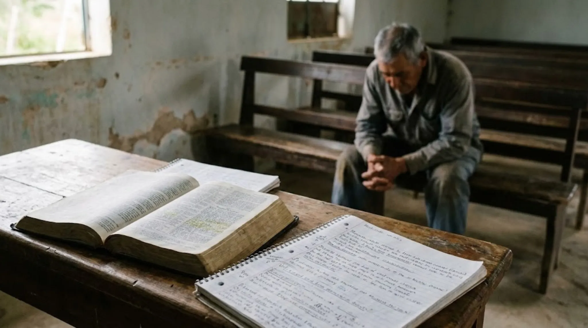 Interior de una iglesia evangélica en América Latina, con una Biblia abierta y cuadernos de estudio sobre una mesa, mientras una persona reflexiona en silencio al fondo.