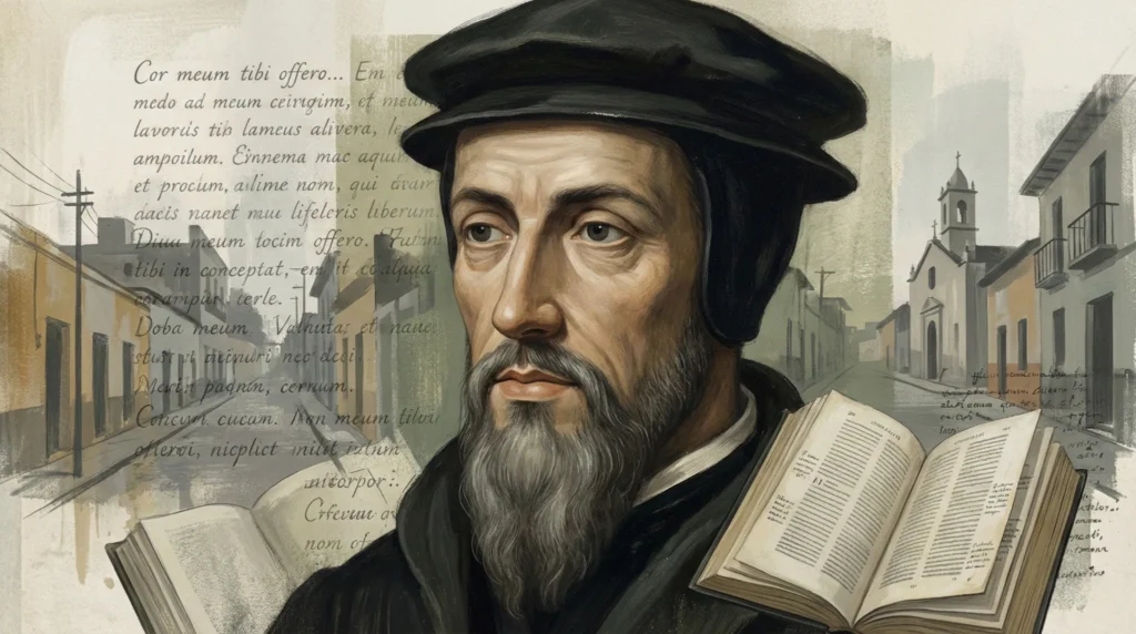 Ilustración editorial de Juan Calvino con libros abiertos y manuscritos, en diálogo simbólico con América Latina y la tradición reformada contemporánea.