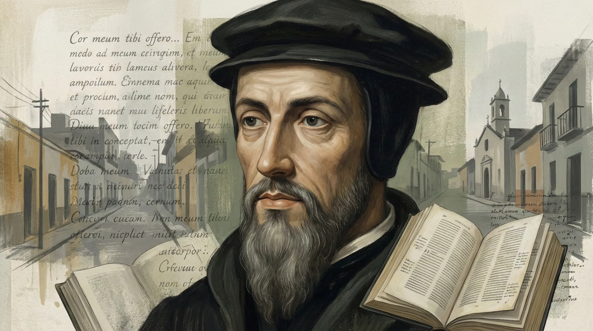 Ilustración editorial de Juan Calvino con libros abiertos y manuscritos, en diálogo simbólico con América Latina y la tradición reformada contemporánea.