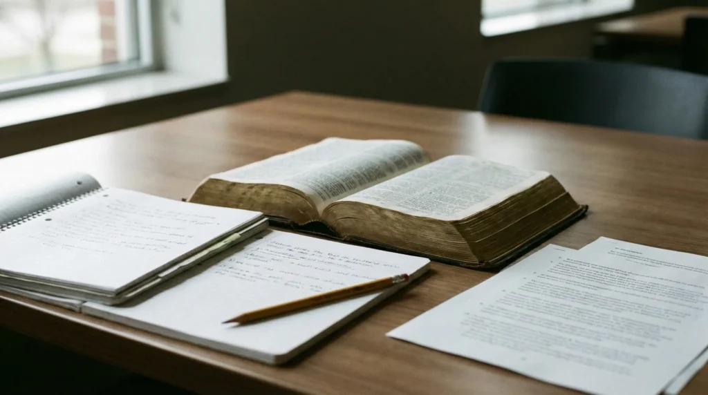 Biblia abierta sobre una mesa de trabajo con cuadernos y documentos, en un entorno sobrio de estudio, evocando el espíritu de la Reforma y la reflexión teológica rumbo a Lausana 2010.