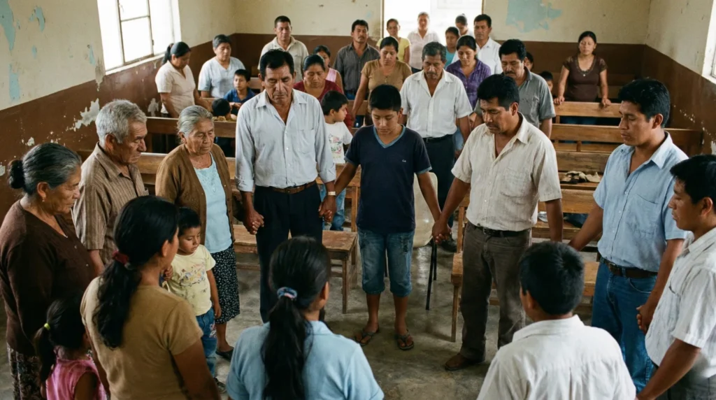 Comunidad cristiana latinoamericana reunida en oración por la lucha contra la pobreza durante el Día Mundial de Oración, en un espacio comunitario sencillo.