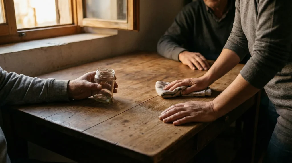 Mesa de madera con manos compartiendo un gesto cotidiano, un frasco de vidrio y un paño, en una escena íntima que evoca la fe expresada en pequeños gestos y la vida cotidiana.
