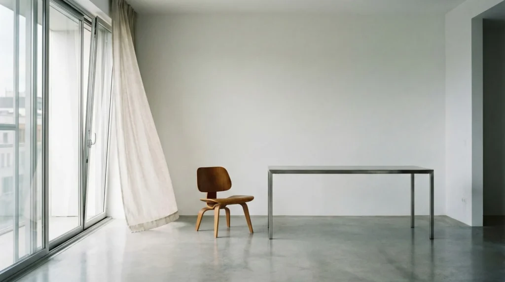 Interior contemporáneo minimalista con ventana abierta, cortina moviéndose suavemente y silla moderna junto a mesa en espacio luminoso que sugiere apertura y trascendencia.