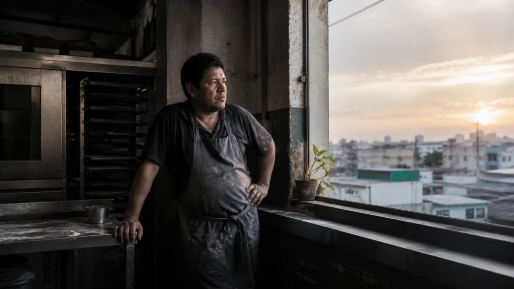Trabajador latinoamericano contempla la ciudad al atardecer desde una cocina industrial, símbolo de trabajo, dignidad y vida plena.