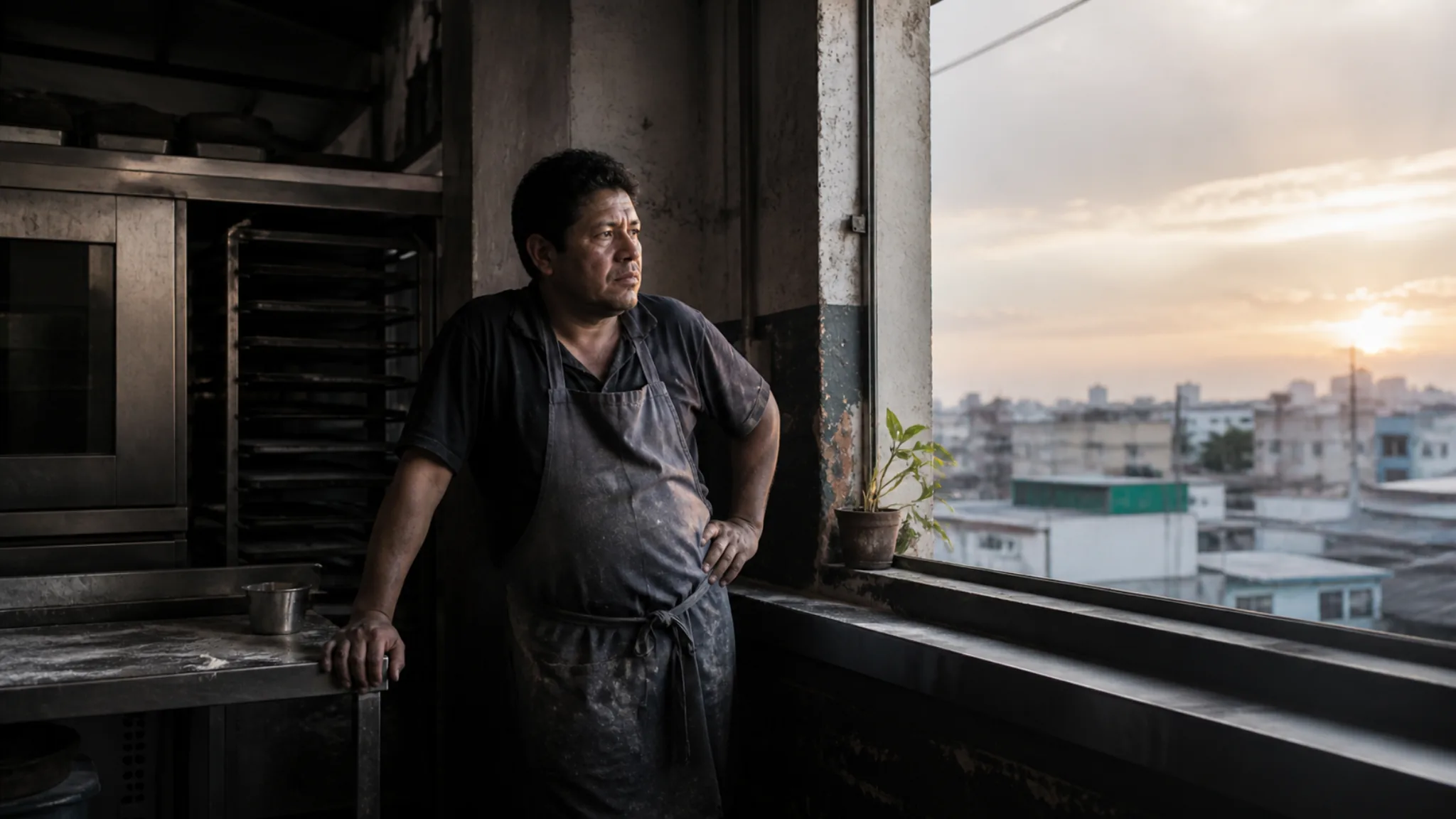 Trabajador latinoamericano contempla la ciudad al atardecer desde una cocina industrial, símbolo de trabajo, dignidad y vida plena.