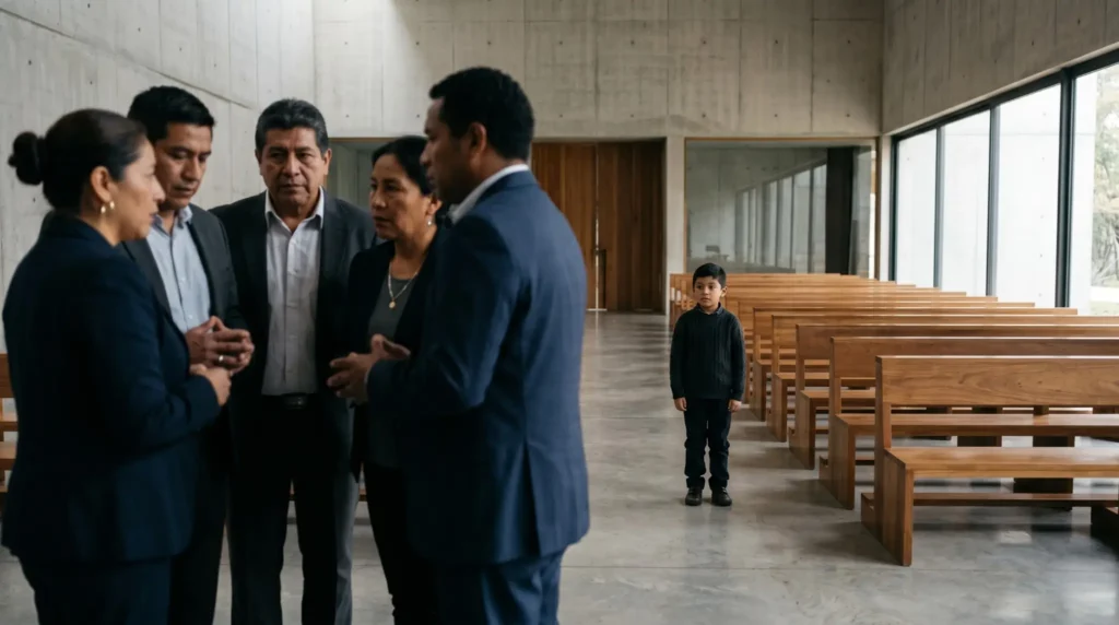 adultos reunidos en iglesia mientras un niño permanece solo al fondo reflejando el adultocentrismo en comunidades religiosas