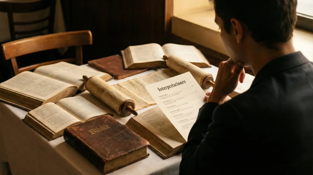 Persona leyendo la Biblia y un menú de interpretaciones bíblicas sobre una mesa, ilustrando el método del restaurante para la interpretación bíblica y el discernimiento exegético.
