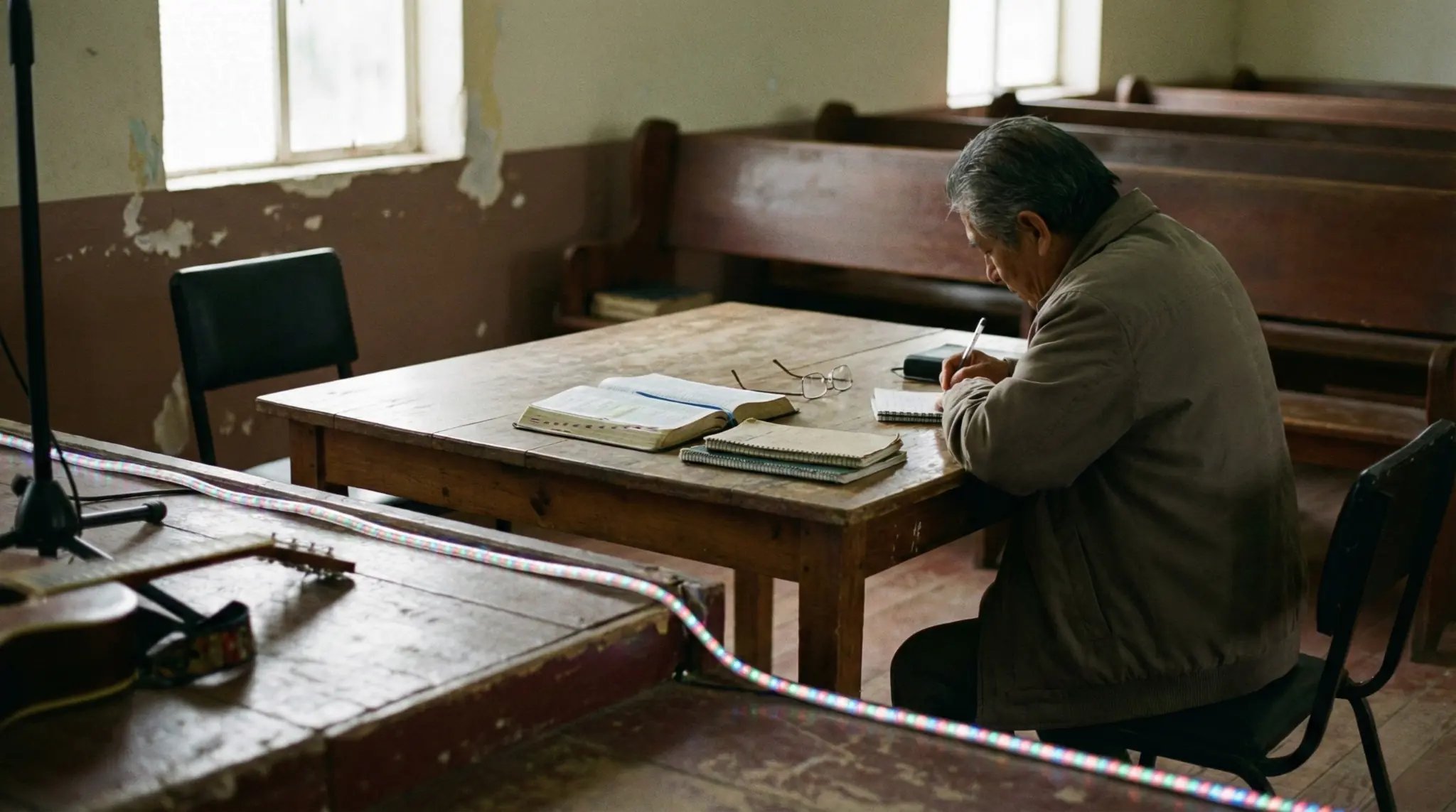 Hombre estudiando la Biblia en una iglesia sencilla durante el día, con libros y cuadernos sobre una mesa de madera, en un ambiente de reflexión sobre teología práctica y formación cristiana