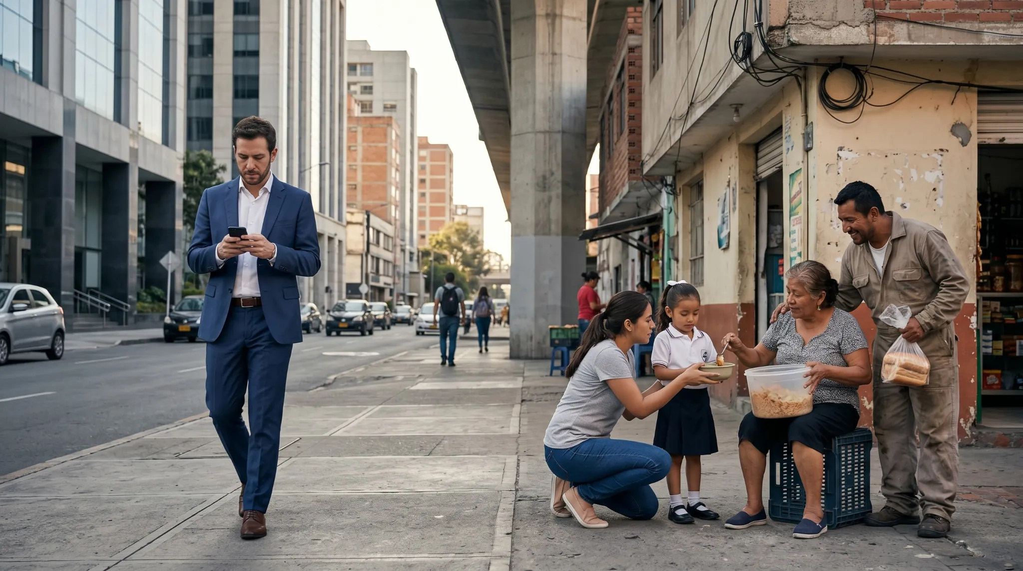 Hombre con traje mirando su celular junto a familia compartiendo comida en calle de ciudad latinoamericana, reflejando contraste entre individualismo y solidaridad