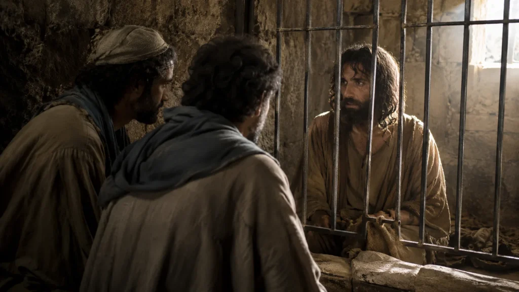 Juan el Bautista en prisión escucha a dos discípulos en una escena inspirada en Mateo 11 sobre la espera de Jesús.