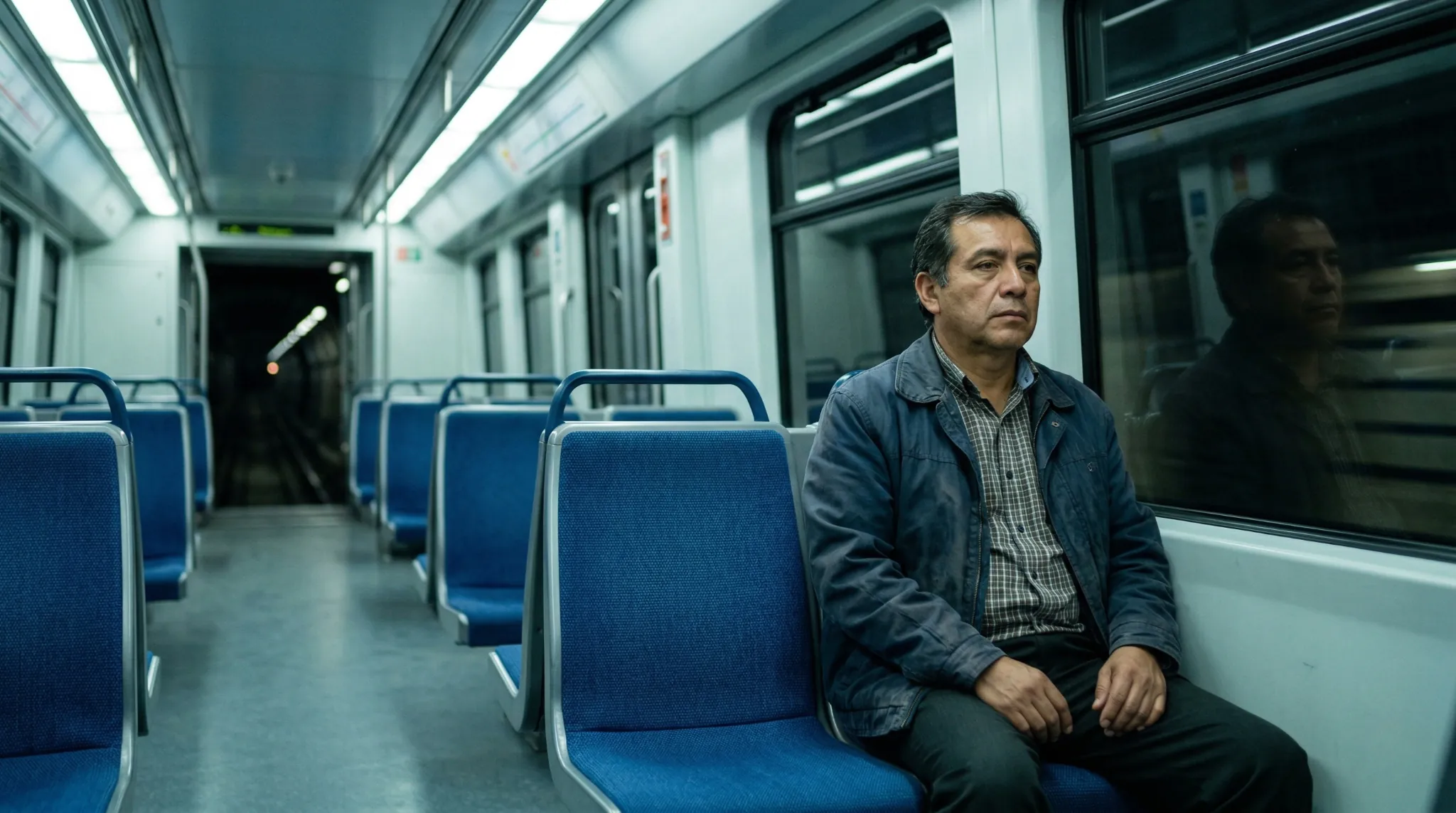 Hombre latino solo en vagón de metro vacío, reflejando silencio interior y desconexión en contexto urbano contemporáneo