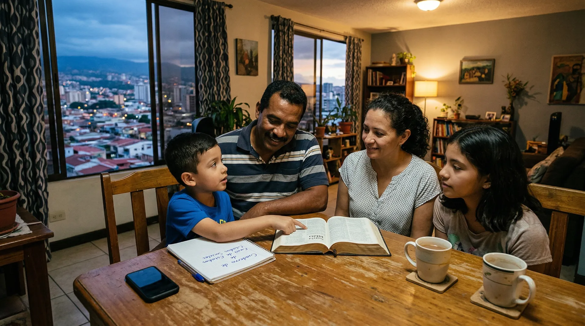 familia latinoamericana leyendo la biblia en casa en san jose costa rica con vista urbana y luz calida representando la formacion teologica en el hogar