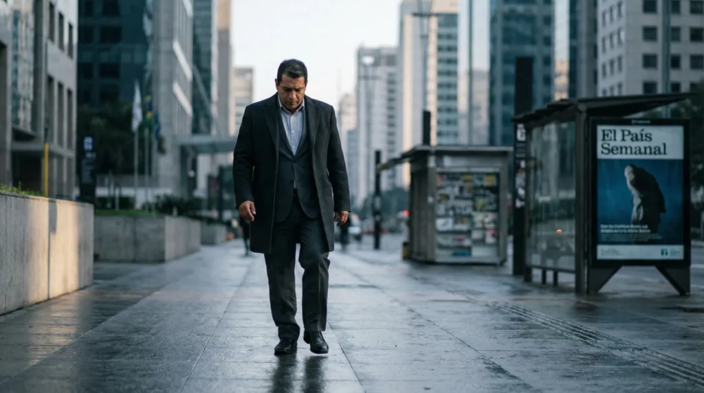 Hombre latino vestido de ejecutivo camina solo por una avenida moderna de São Paulo al amanecer, en una escena urbana que sugiere reflexión personal y conversión cristiana como transformación interior de la vida cotidiana.