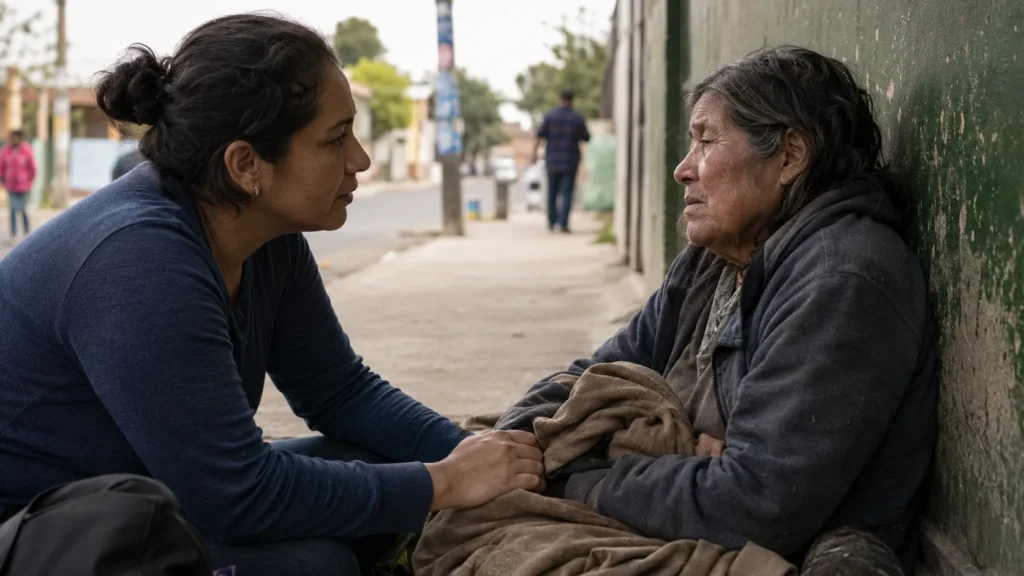 Mujer acompaña con compasión a una persona vulnerable en una calle urbana, imagen sobre misión cristiana y justicia social.