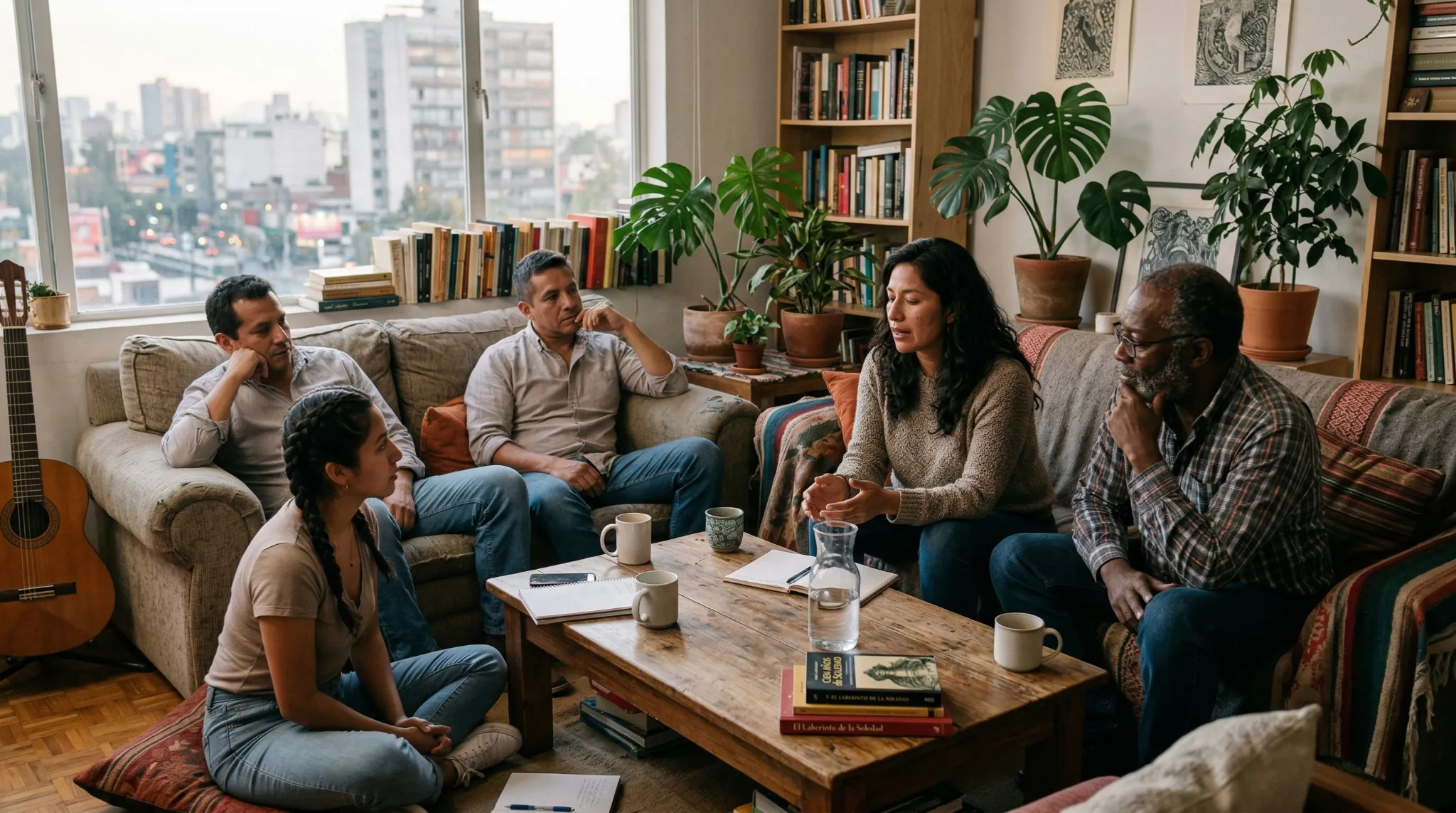 grupo diverso de adultos latinoamericanos conversando en sala de estar moderna sobre espiritualidad cristiana y comunidad