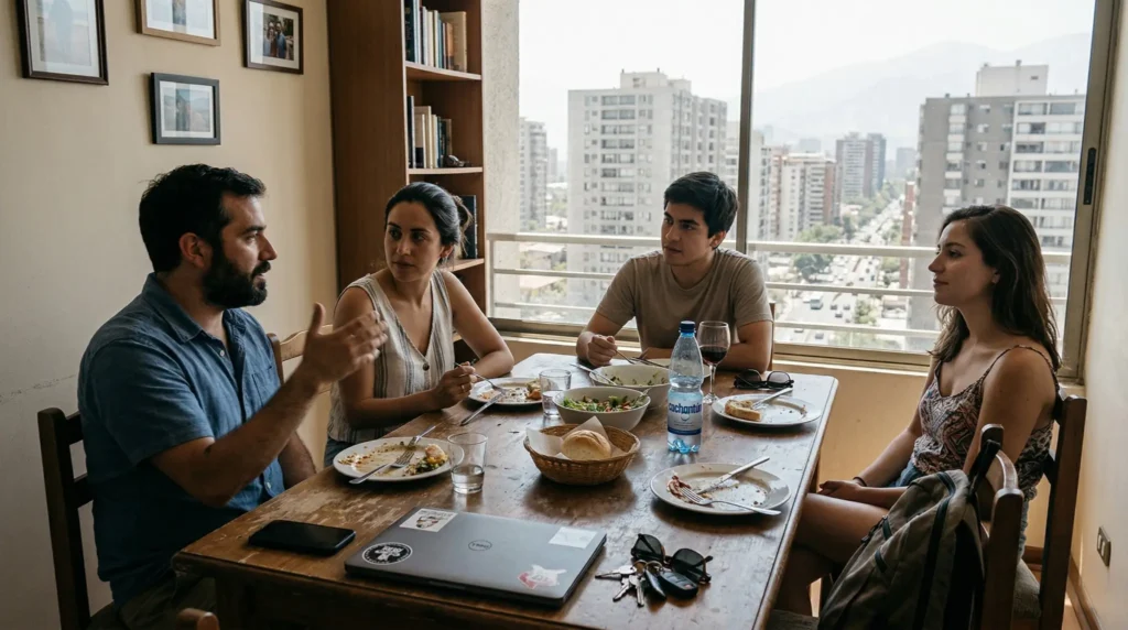 personas conversando en mesa durante almuerzo en departamento en santiago de chile, comunicacion y espiritualidad cristiana en la vida cotidiana