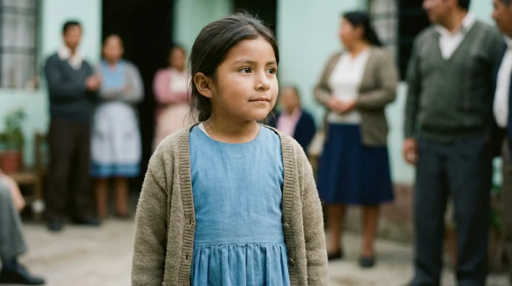 Niña en un espacio comunitario latinoamericano, en primer plano, rodeada de adultos desenfocados, imagen que expresa la dignidad y centralidad de la niñez en la fe cristiana.