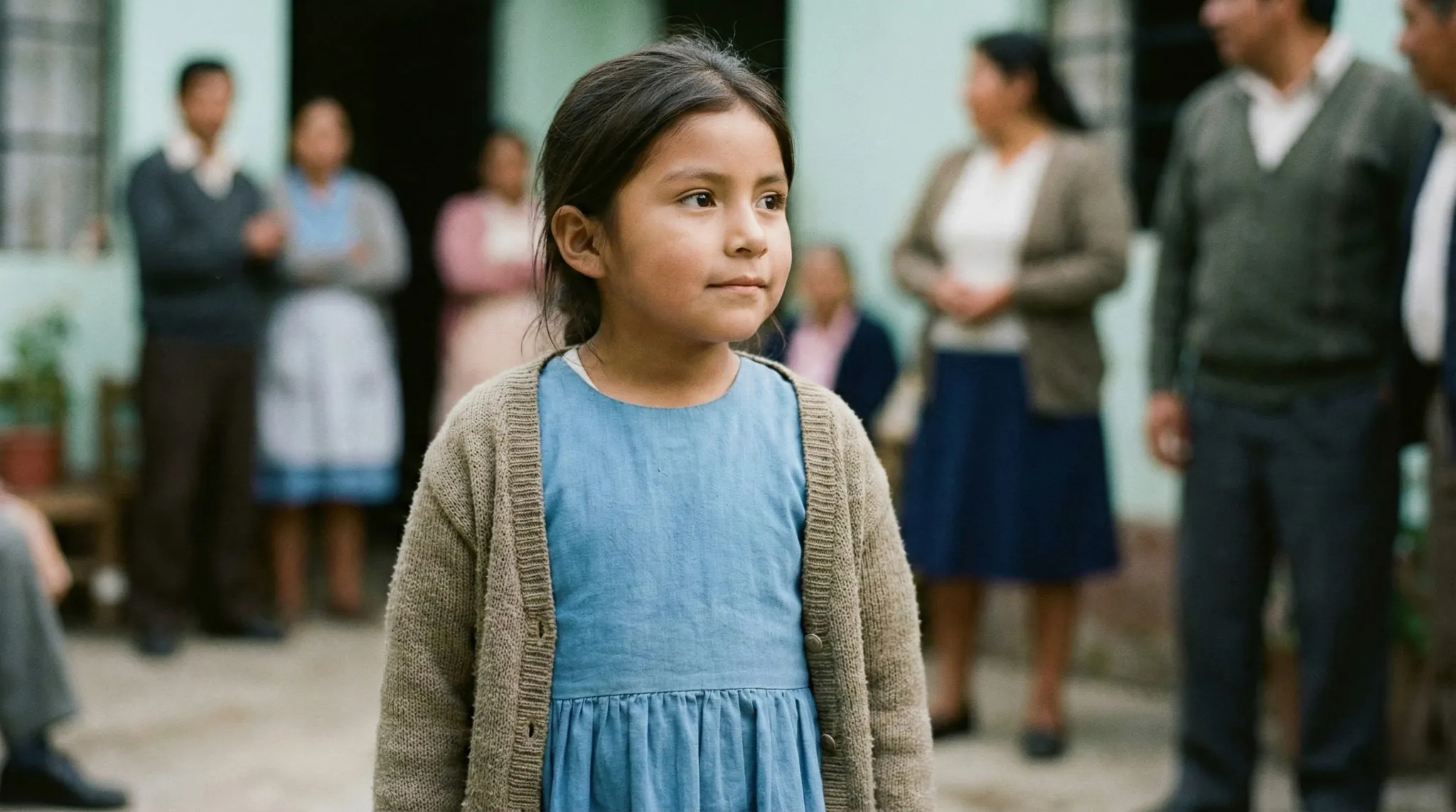 Niña en un espacio comunitario latinoamericano, en primer plano, rodeada de adultos desenfocados, imagen que expresa la dignidad y centralidad de la niñez en la fe cristiana.