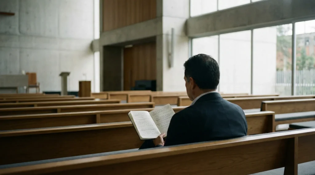 Hombre sentado solo en un auditorio de iglesia urbana leyendo un cuaderno, imagen que reflexiona sobre el sentido de la teología en la vida de la iglesia.