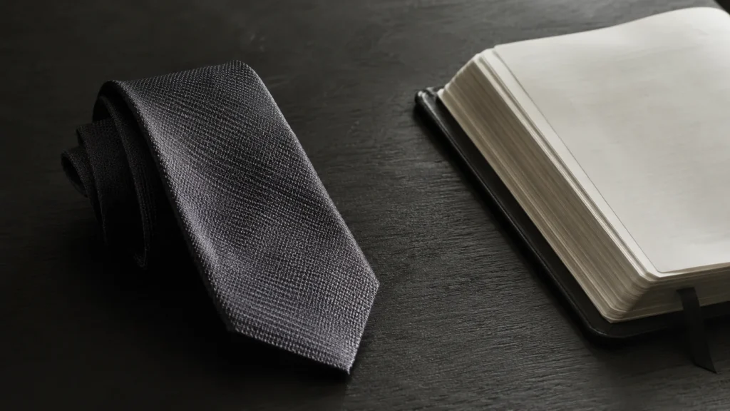 Corbata de seda doblada sobre una mesa oscura junto a un libro abierto, en una escena sobria sobre fragilidad humana y gracia.
