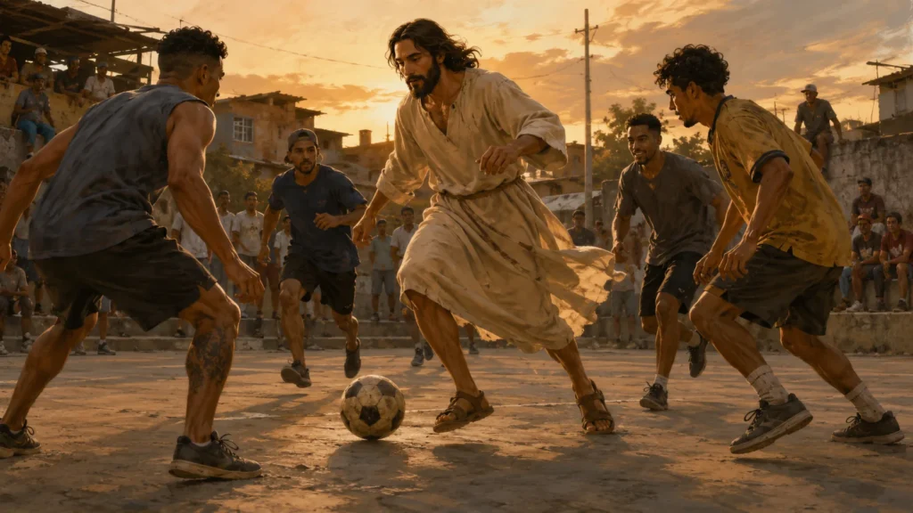 Jesús jugando fútbol en una cancha barrial al atardecer rodeado de jóvenes y vecinos.