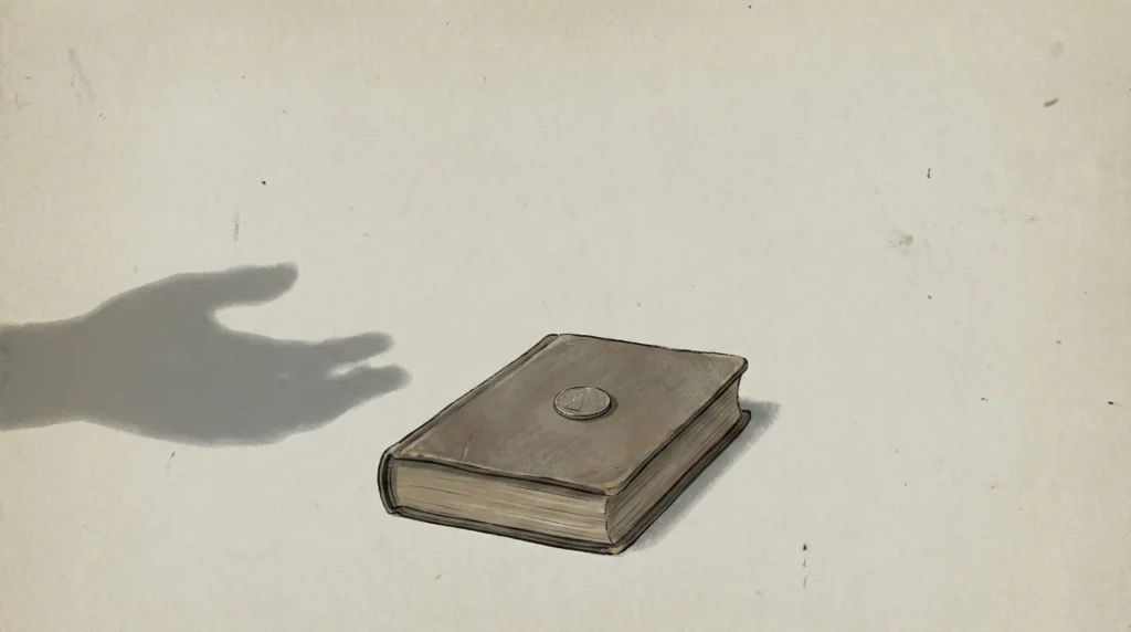 Ilustración editorial conceptual sobre el diezmo en la iglesia cristiana: una Biblia cerrada con una moneda encima y la sombra de una mano abierta, simbolizando discernimiento ético y justicia.