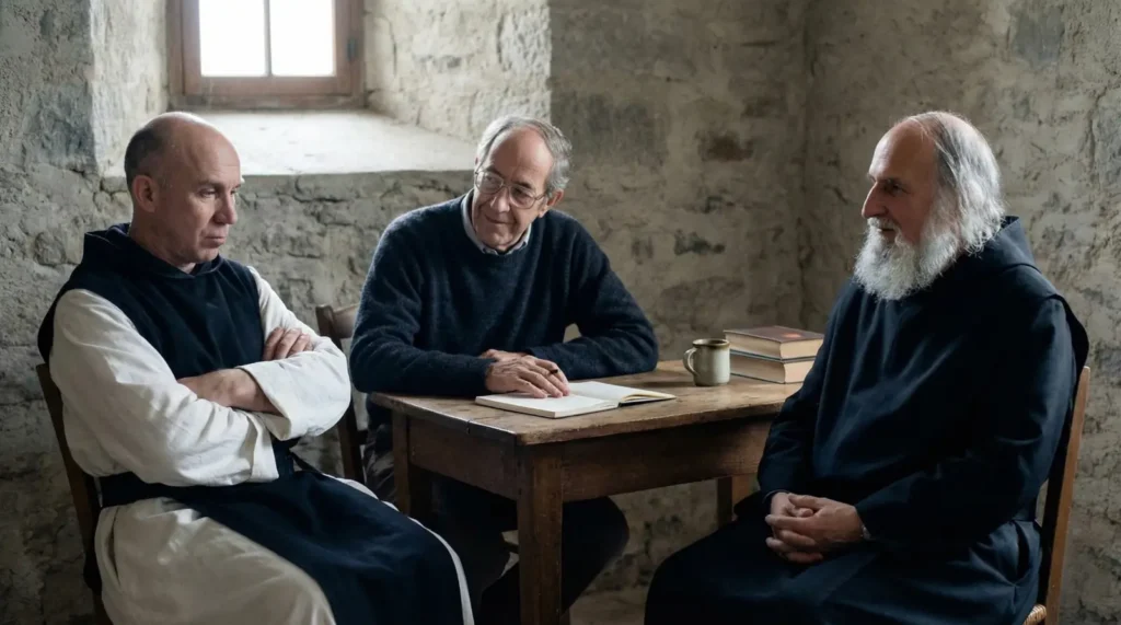 Thomas Merton, Henri Nouwen y Anselm Grün en una composición editorial que representa la reflexión cristiana sobre el falso yo y el liderazgo espiritual auténtico