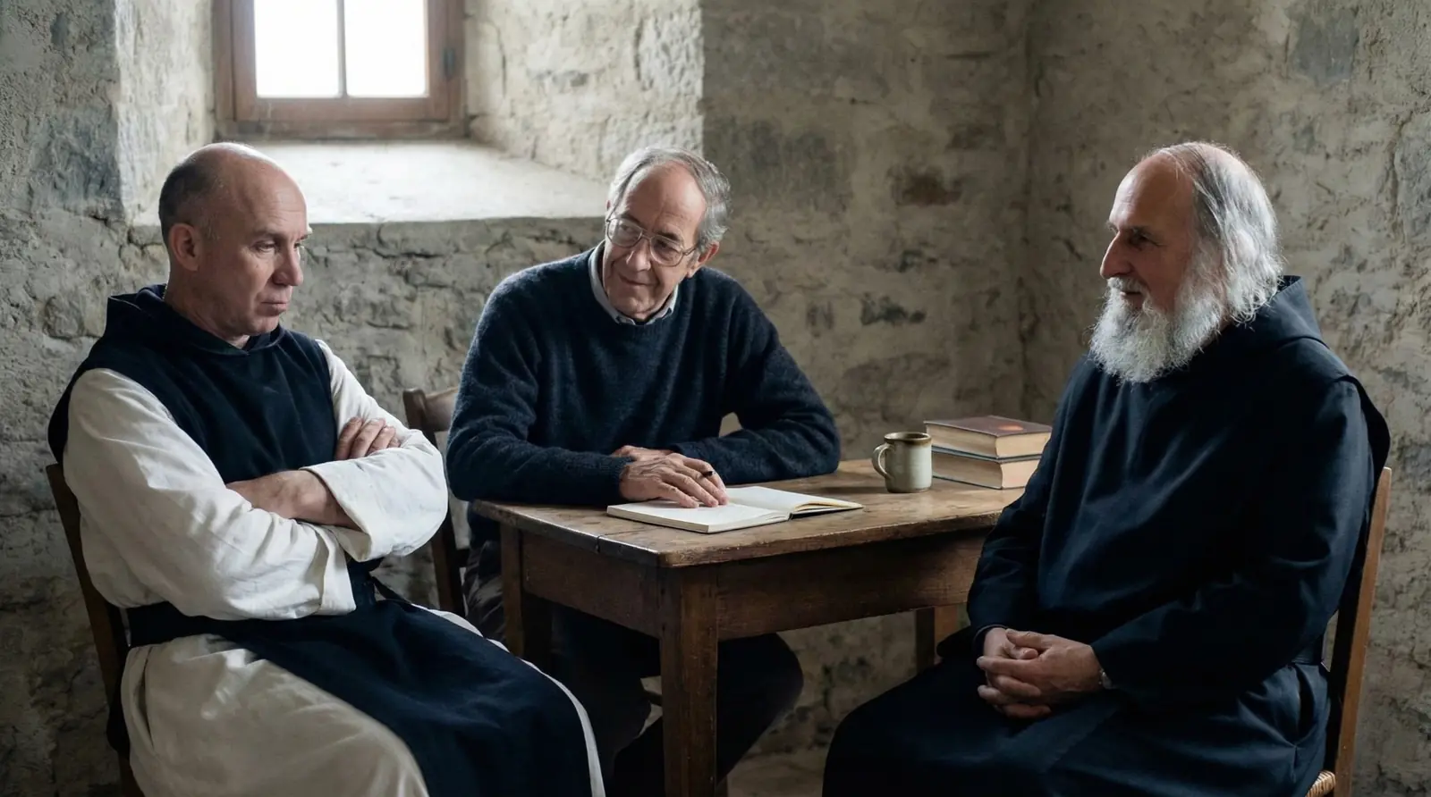 Thomas Merton, Henri Nouwen y Anselm Grün en una composición editorial que representa la reflexión cristiana sobre el falso yo y el liderazgo espiritual auténtico