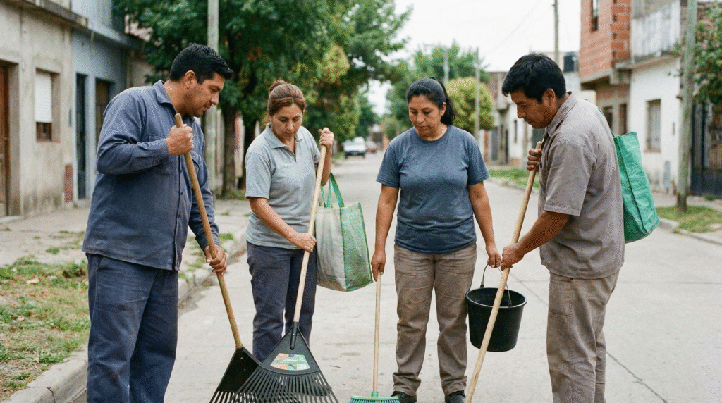 Personas colaborando en la limpieza de una calle como expresión de solidaridad, comunidad y responsabilidad social en un barrio latinoamericano.