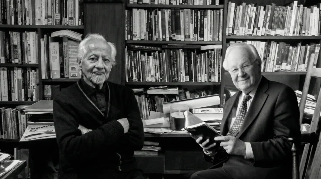 Retrato editorial en blanco y negro de René Padilla y John Stott en sus bibliotecas, dos referentes de la teología cristiana y del compromiso social desde la misión integral.