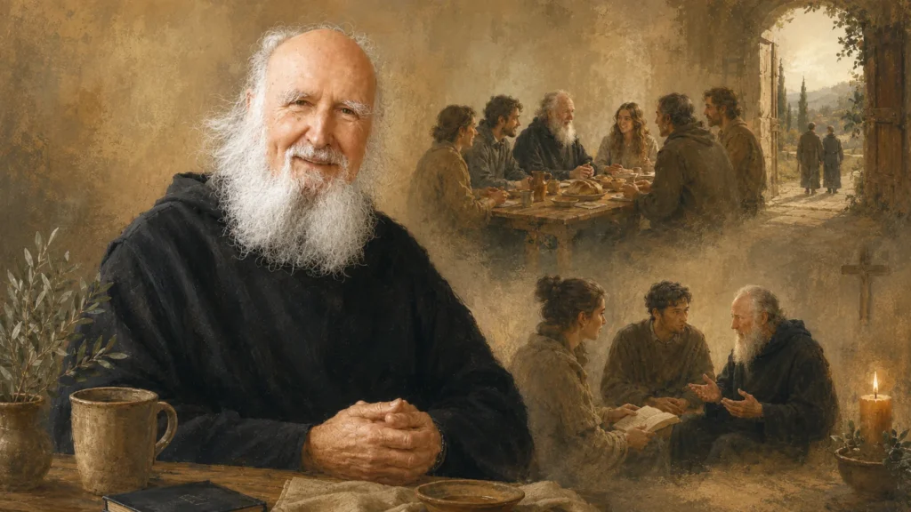 Anselm Grün en una ilustración editorial sobre comunidad y hospitalidad cristiana, con escenas de mesa compartida, conversación espiritual y acogida.