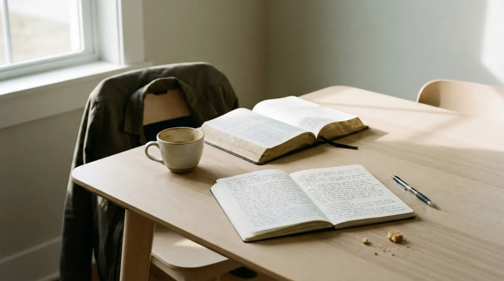 oracion contemplativa cristiana con biblia abierta, cuaderno y taza de cafe en mesa iluminada por luz natural