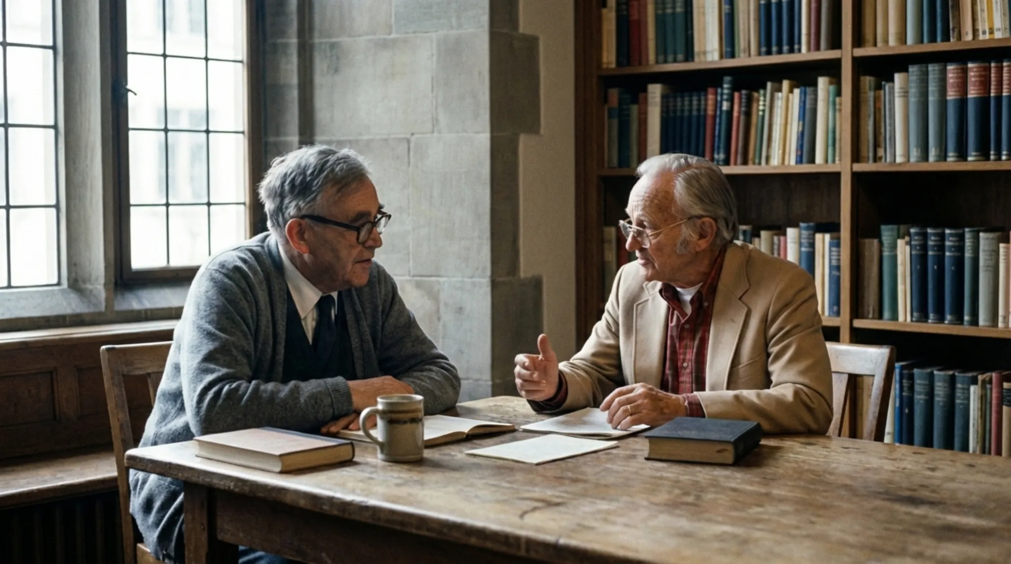 Juan Stam dialoga con Karl Barth en una biblioteca de seminario, evocando los recuerdos personales y teológicos narrados por Stam sobre el maestro suizo.