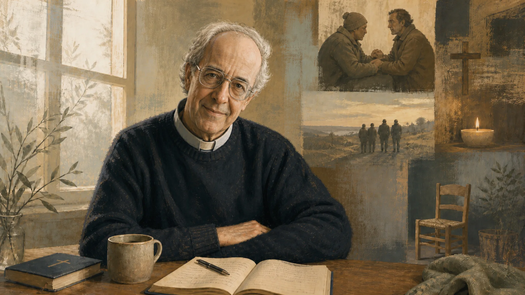 Ilustración editorial de Henri Nouwen en actitud contemplativa, inspirada en la espiritualidad cristiana de la consciencia, la presencia y la oración.