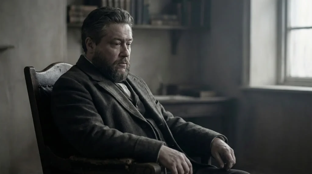 Retrato editorial de Charles Spurgeon, predicador del siglo XIX, en un espacio interior sobrio, en el contexto del Día de la lucha contra la depresión y la reflexión sobre fe y sufrimiento humano.