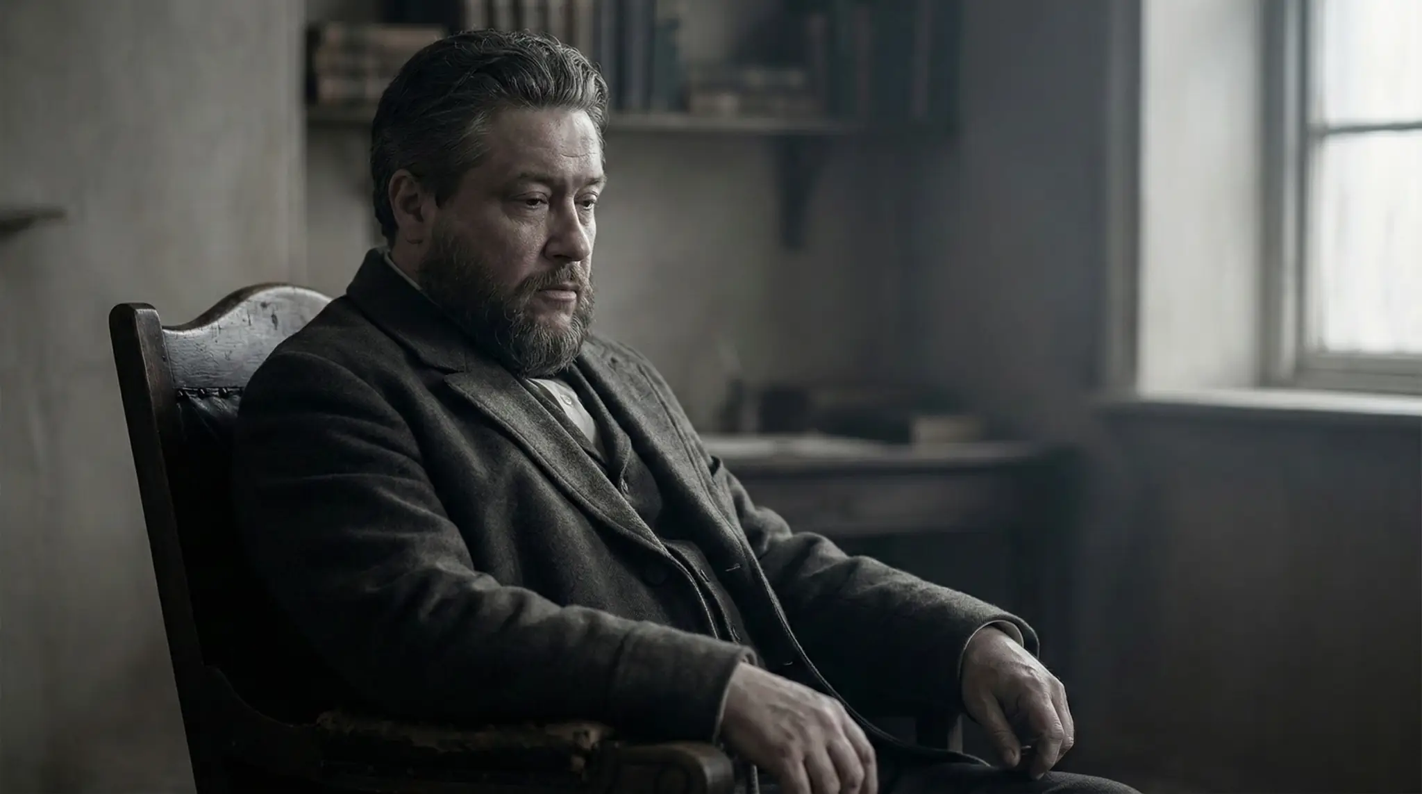 Retrato editorial de Charles Spurgeon, predicador del siglo XIX, en un espacio interior sobrio, en el contexto del Día de la lucha contra la depresión y la reflexión sobre fe y sufrimiento humano.