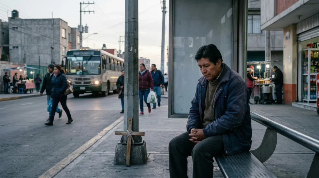 hombre latino sentado en paradero urbano junto a una cruz de madera reflexionando sobre la muerte y resurrección de jesús en contexto cotidiano latinoamericano
