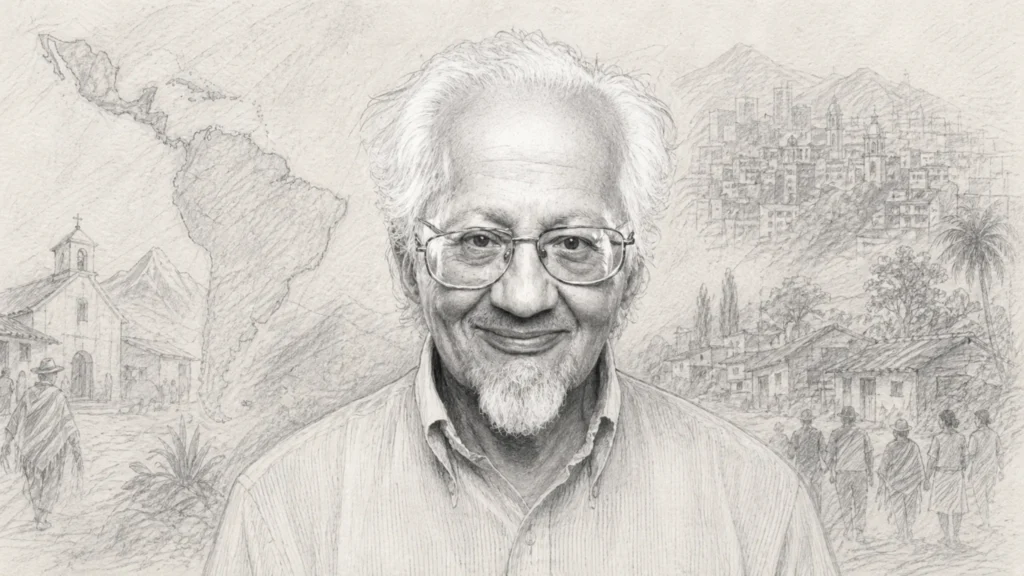 Retrato ilustrado en blanco y negro de René Padilla con fondo de América Latina, representando su legado en la misión integral y la teología latinoamericana.